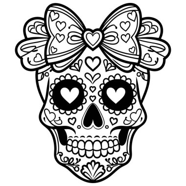 Kalp gözlü dekoratif bir kafatası ve Ölüm Günü sanatından esinlenilmiş büyük bir yay.