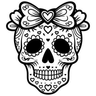 Kutlama için kurdele takan kalpler ve çiçeklerle süslenmiş şirin bir kafatası.