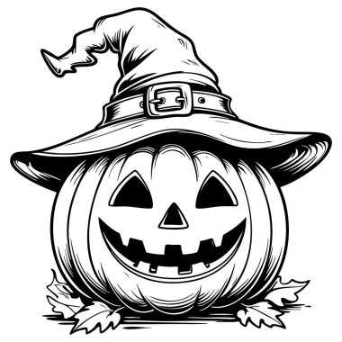 Cadı şapkalı ve sonbahar yapraklı mutlu bir balkabağı.