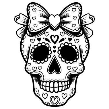 Dekoratif şeker kafatası, kalp desenleri ve siyah beyaz şeklinde tasarlanmış büyük bir yay.