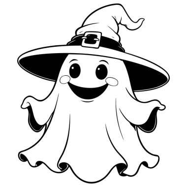 Cadı şapkası takan gülümseyen hayalet Cadılar Bayramı renklendirmesi ve ürkütücü eğlence süslemeleri için mükemmel.