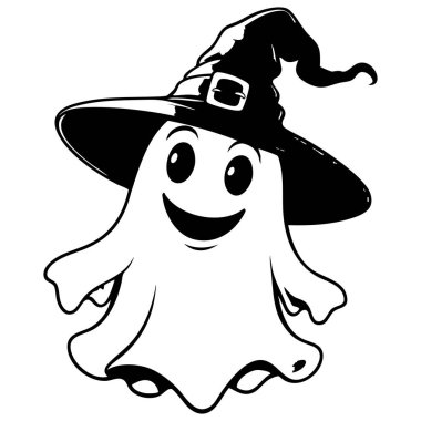 Cadılar Bayramı partisi eğlencesi ve ürkütücü sanat tasarımı için büyük cadı şapkalı neşeli hayalet karakter.