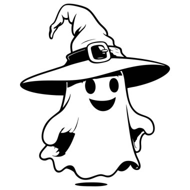 Cadılar Bayramı süslemeleri ve eğlencesi için havada süzülen büyük cadı şapkalı neşeli bir hayalet.