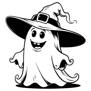 Cadılar Bayramı boyama sayfaları ve parti tasarımları için gülümseyen bir cadı şapkası takan neşeli hayalet.