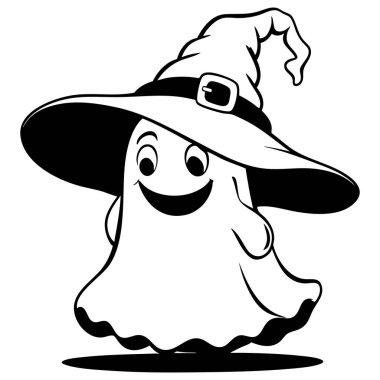 Cadılar Bayramı boyama sayfaları ve ürkütücü dekorasyon eğlencesi için harika bir cadı şapkası takan mutlu hayalet.