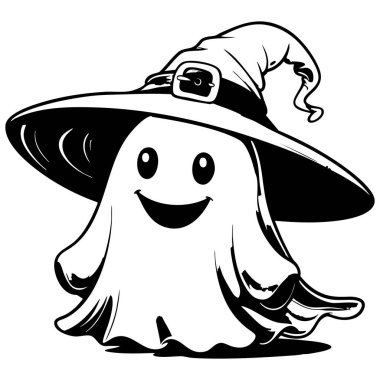 Cadı şapkalı çizgi film hayaleti. Cadılar Bayramı partisi için eğlenceli ve eğlenceli.