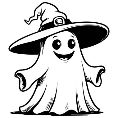 Cadılar Bayramı renklendirmesi için mükemmel bir cadı şapkası takan gülümseyen hayalet.