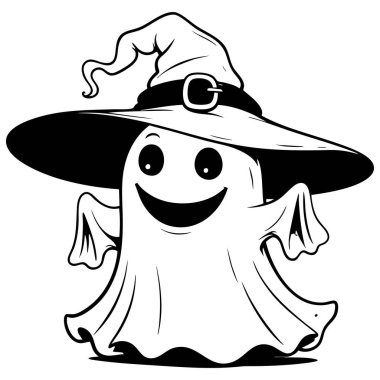 Cadılar Bayramı süslemeleri için harika bir cadı şapkası takmış sevimli bir hayalet. Sayfaları ve parti temalarını boyuyor.