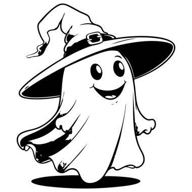 Cadılar Bayramı süslemeleri, sayfalar ve çocuk aktiviteleri için harika bir cadı şapkası takmış dost canlısı bir hayalet.