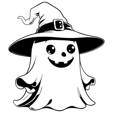 Cadılar Bayramı boyama sayfaları ve tasarımları için komik karakter ve yuvarlak gözlü neşeli bir hayalet.