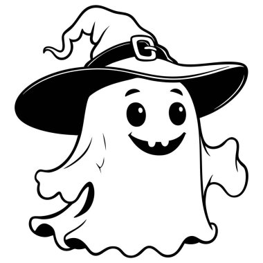 Cadılar Bayramı boyama sayfaları ve parti tasarımları için mükemmel bir cadı şapkası takan gülümseyen hayalet.