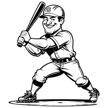 Gülen beyzbol oyuncusu parmak izleri için spor çizgi film tasarımı yapmaya hazır.