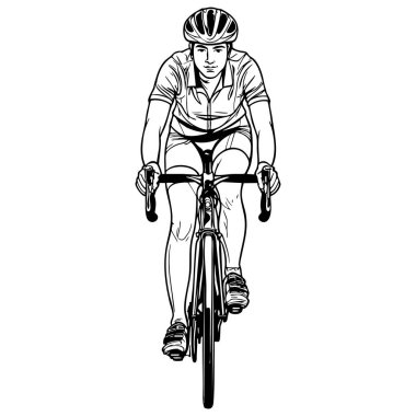 Bisiklet süren güçlü bisikletçi spor tasarımı ve renklendirme için önden görüntü çizimi