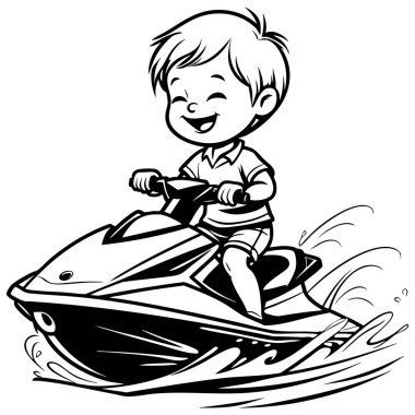 Suyun üstünde jet ski süren gülümseyen çocuk çocuklar için yaz etkinliği boyama sayfası