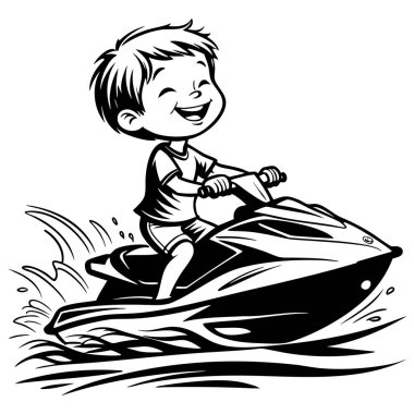 Mutlu bir çocuğun, su dalgaları üzerinde jet ski sürüşünün ve gülümsemesinin çizgi film çizimi.