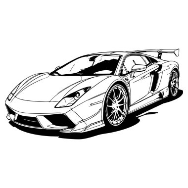 Büyük spoiler ve detaylı tekerlekleri olan modern bir süper arabanın taslağı.