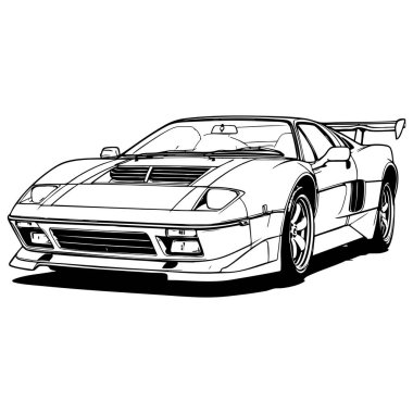 Havalı spor tarzıyla renklendirme sayfası için ayrıntılı yarış arabası taslağı