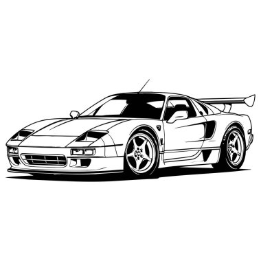 Spoiler ve spor tekerlekleri olan hızlı süper araba çizimi. Siyah beyaz çizimler boyama sayfaları için mükemmel.