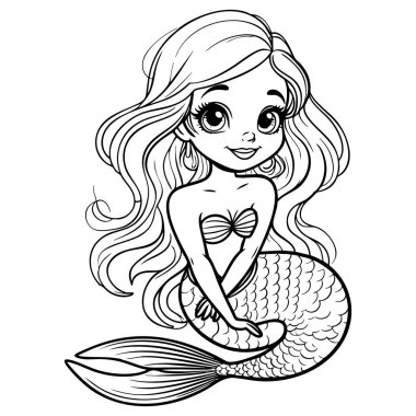 Çocukların boyama eğlencesi için uzun dalgalı saçları ve kuyruğu olan güzel bir deniz kızı.