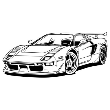 Gösterişli bir yarış arabasının siyah beyaz çizgi film stili çizimi