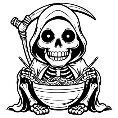 Komik Azrail iskeleti çizgi film stili çubuklarla erişte yiyor.