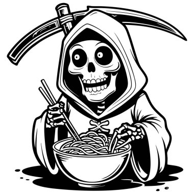 Kapüşonlu Azrail İskeleti çizgi filminde çubuklarla ramen yiyordu.