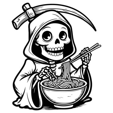 Siyah beyaz resimde çubuklarla şehriye yiyen şirin iskelet biçici.