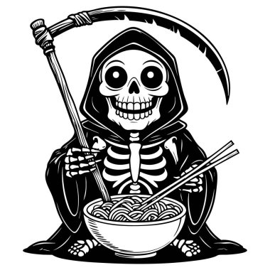 Ölüm meleği iskeleti elinde tırpanla Kawaii tarzı erişte yerken.