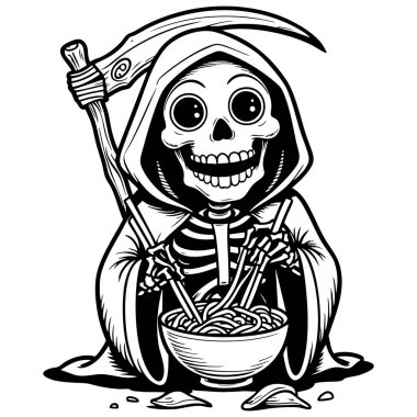 Koyu kawaii karikatür tarzında tırpanlı erişte yiyen tatlı Azrail iskeleti.