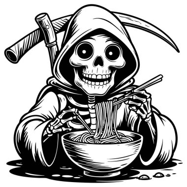 Siyah beyaz sanat eserlerinde yemek çubuklarıyla kaseden erişte yerken gülümseyen İskelet Azraili.