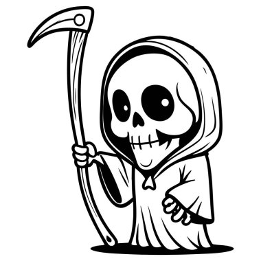 Kapüşonlu sevimli Chibi tarzında tırpan tutan sevimli ölüm meleği.