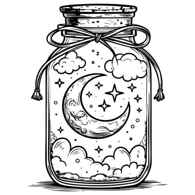 Hilal ay ve yıldızlar ve bulutlar dekoratif cam kavanozun içinde fantezi gece sanatı