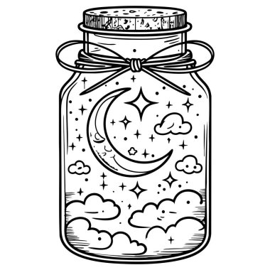 Hilal ay yıldızlarla ve bulutlarla çevrili dekoratif cam bir kavanozun içinde fantezi gece çiziyor.