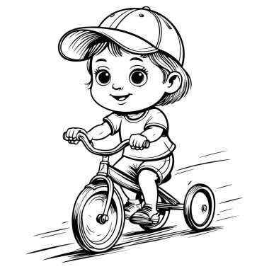 Çizgi film tarzında üç tekerlekli bisiklet süren gülümseyen çocuk, çocuk boyama sayfası için siyah-beyaz çizimler yapıyor.