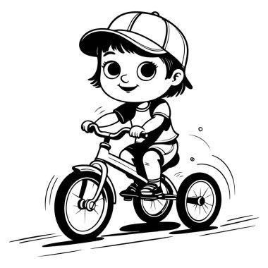 Çizgi film stili çocuk bisiklete binerken mutlu bir ifade takınıyor. Renk sayfası için siyah-beyaz çizimler.