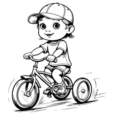 Şapkalı sevimli çocuk çizgi film stilinde üç tekerlekli bisiklete biniyor. Çocuklar için siyah-beyaz renkli sayfa çizimi.