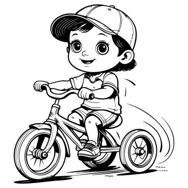 Çizgi film tarzında üç tekerlekli bisiklet süren neşeli çocuk. Siyah beyaz çizim, çocuk boyama sayfası için mükemmel.