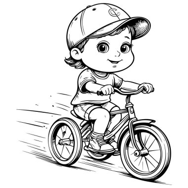 Açık hava boyama sayfasında bisiklet sürerken gülümseyen sevimli küçük çocuk.