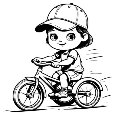 Açık hava boyama sayfasında bisiklet sürerken şapkalı tatlı bir kız gülümsüyor.