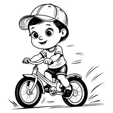 Bisiklet süren gülen çocuk dışarıda etkinlik boyama sayfasının keyfini çıkarıyor.