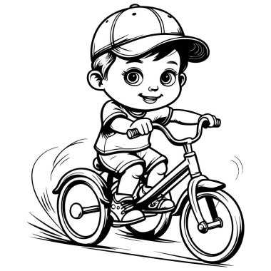 Çocuklar için üç tekerlekli bisiklet sürerken şapkalı sevimli çocuk gülümsüyor.