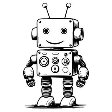 Basit geçmişe dönük tasarımı ve dostane görünüşü olan gülümseyen çizgi film robotunun siyah beyaz çizimi