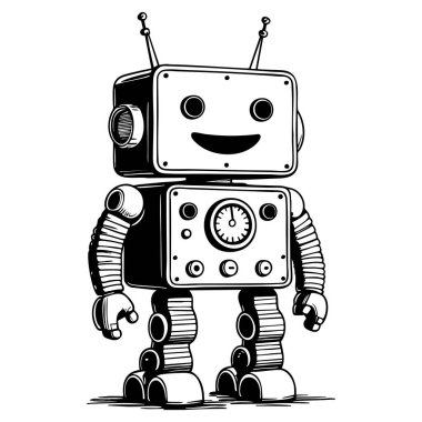 Eğlence boyama sayfası için mükemmel vites düğmeleri ve antenleri olan klasik bir robot çizimi