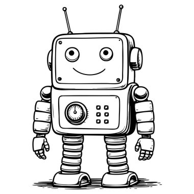 Antenleri ve yuvarlak gözleri olan sevimli, gülümseyen bir robot. Çocukları boyamak için mükemmel bir tasvir.
