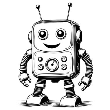 Büyük gözleri olan neşeli bir çizgi film robotu ve çocuklar için basılabilir boyama sayfası tasarlanmış bir gülümseme.