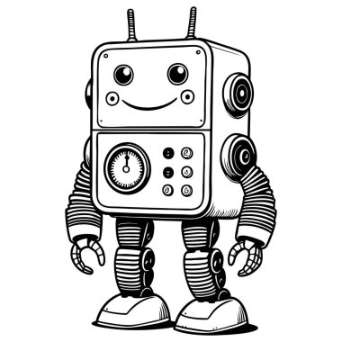 Gülümseyen yüz antenleri ve eğlenceli çocukların resimlerini çizen eski dost canlısı bir robot.