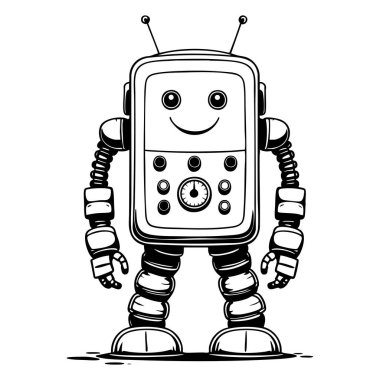 Çizgi film stili gülümseyen robot anten düğmeleri ve yaylı kolları mutlu duruyor.