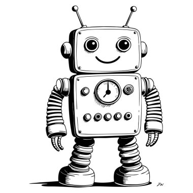 Antenli, yuvarlak gözlü ve düğmeli mutlu bir robot çizimi.