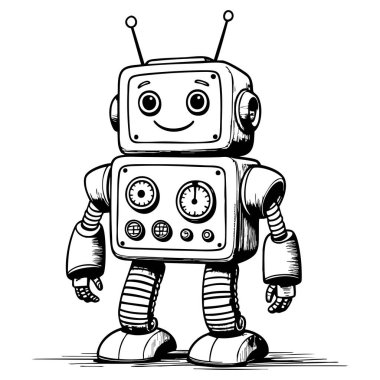 Antenleri ve vitesleri olan gülümseyen robot çocukların boyama ve yaratıcı çizim aktiviteleri için eğlencelidir.