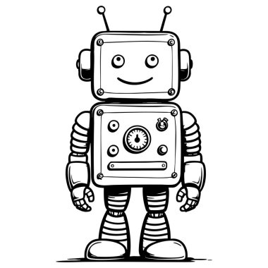 Çocuklar için renklendirme eğlencesi için tasarlanmış antenli ve yuvarlak gözlü arkadaş canlısı robot karakter.